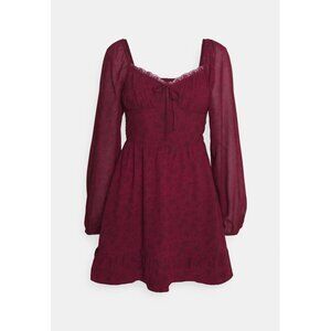 Hollister Burgundy Black Floral Babydoll Mini Dress Fairy Grunge Whimsy Goth